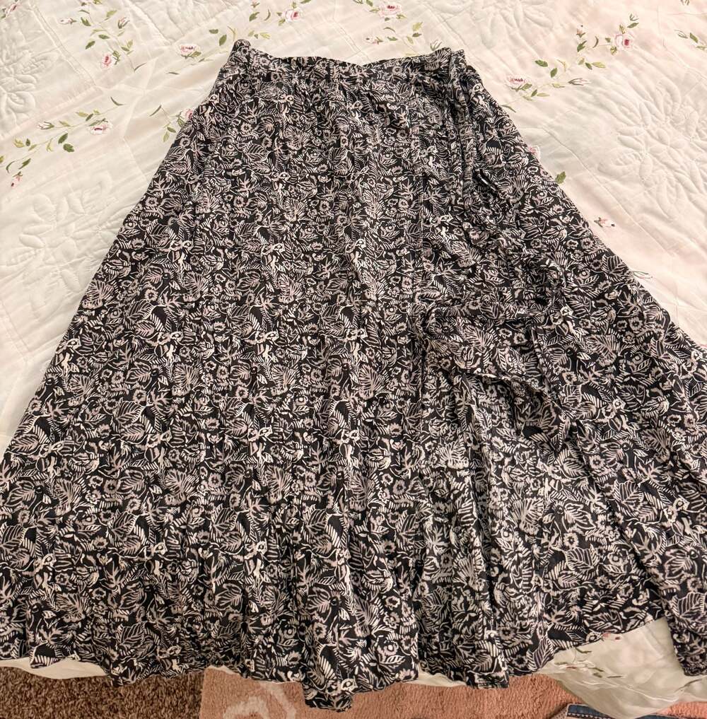 Free People Black and White Floral Print Wrap Midi Skirt